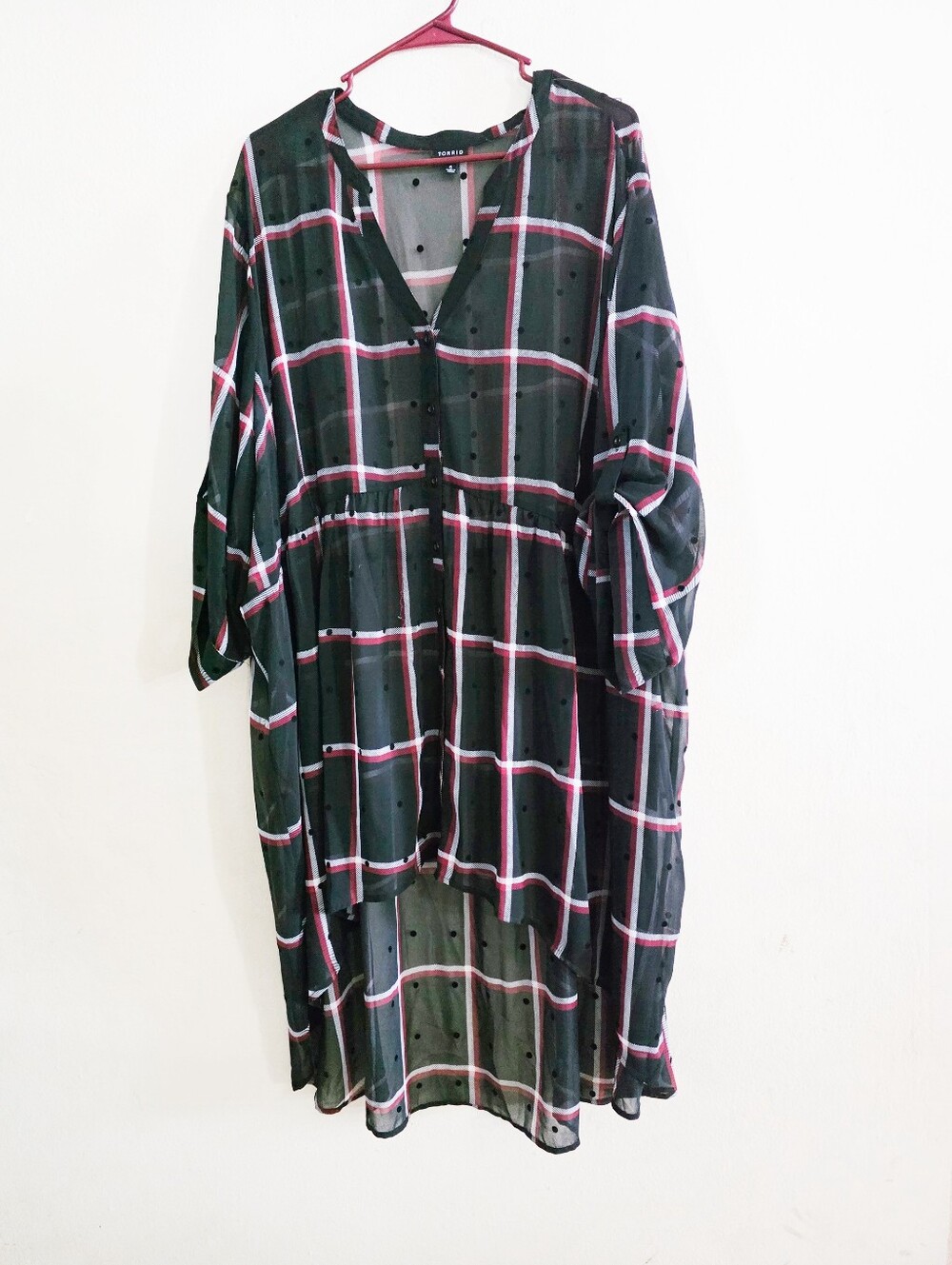 Torrid Plaid Swiss Dot High Low Button Front Tunic Top Black Red Plus Size 5